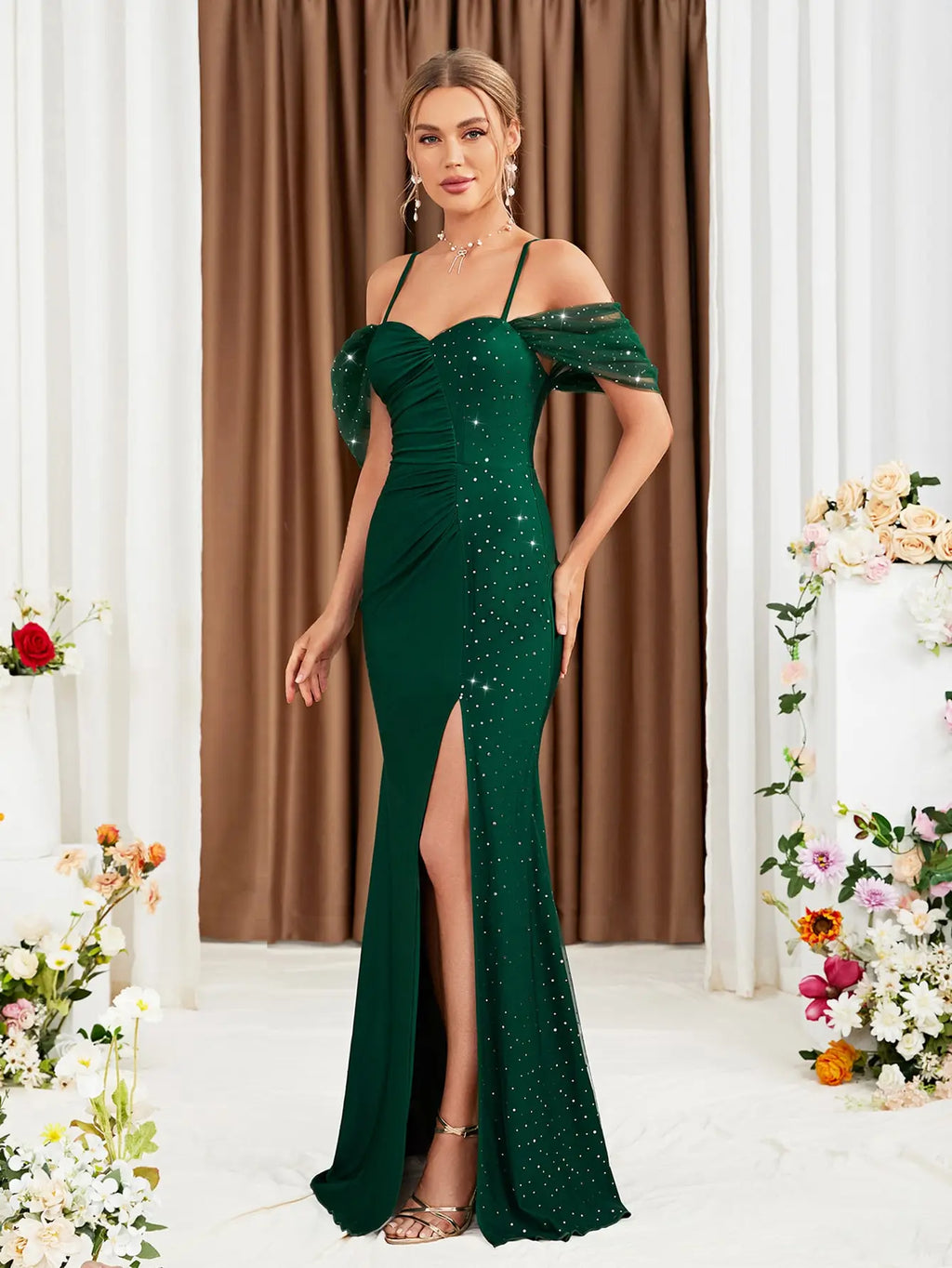 Elegant Emerald Green Off-Shoulder Mermaid Evening Dress | Luree Fashions